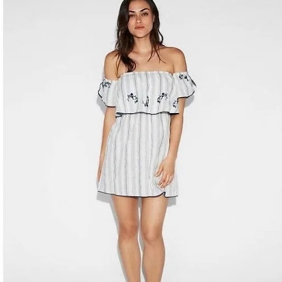 Express off shoulder embroidered white and blue stripes shift mini dress XS - Picture 2 of 7